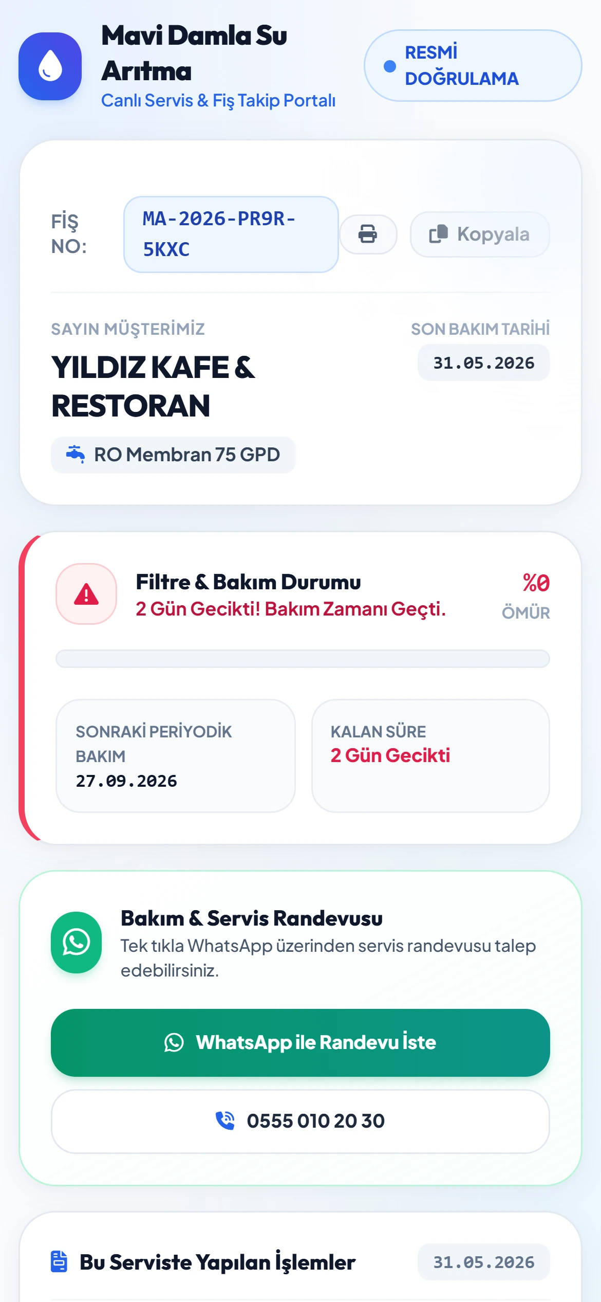 QR kodla açılan dijital servis karnesi.